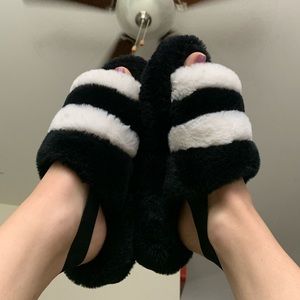 Fuzzy Black and White Slippers